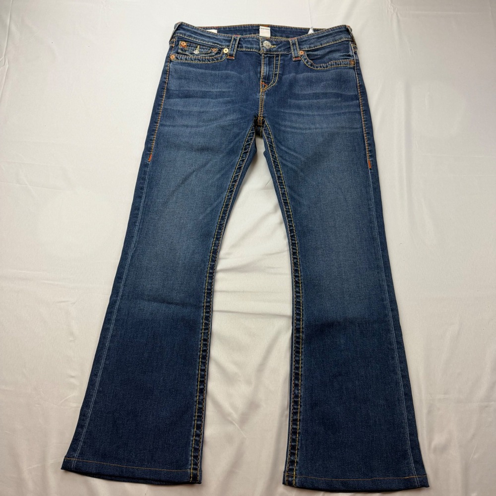 True Religion Joey Flare Jeans Women 32 Blue Big T Liquid Indigo Mid Rise